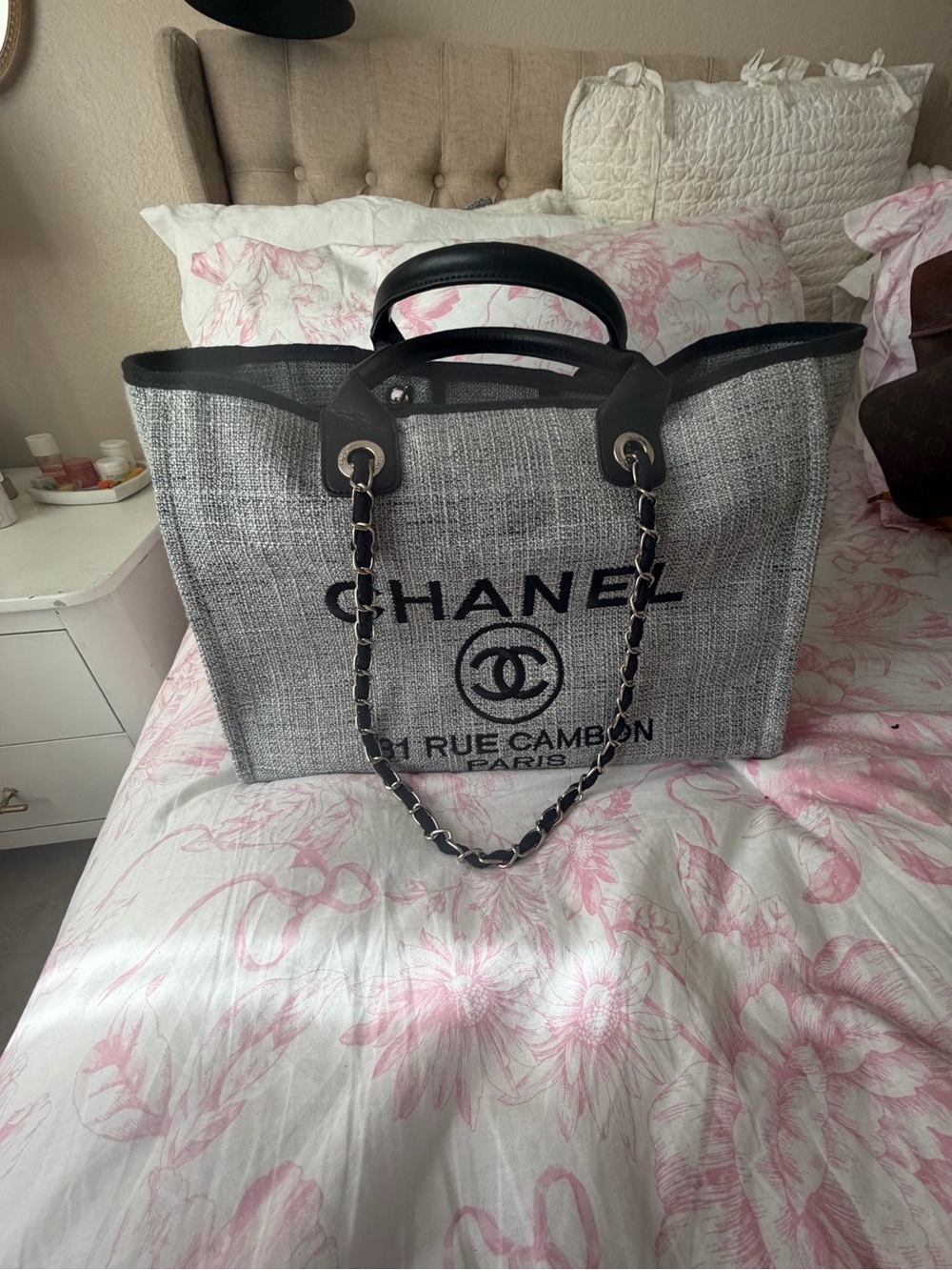 Grey Canvas Rue Cambon Paris Tote with Black Trim